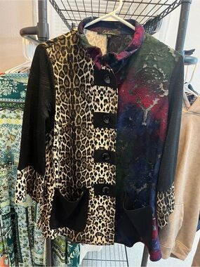 Mixed-Print Leopard and Multicolor Velvet Button-Front Blouse